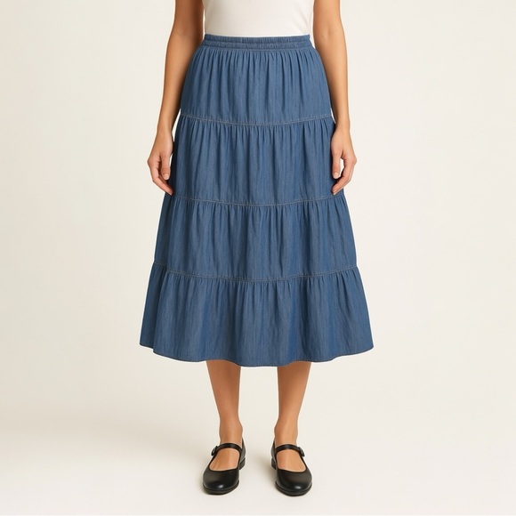 Tiered Beaded Chambray Denim Midi Skirt Size 12 Blue Cottage Boho Western - Picture 1 of 8
